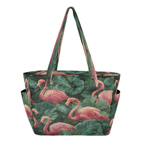 Quilted Tote Bag Large Capacity Multi-Compartment Handbag Lightweight Structured Shoulder Bag Versatile Casual Bag Repetitive Flamingos