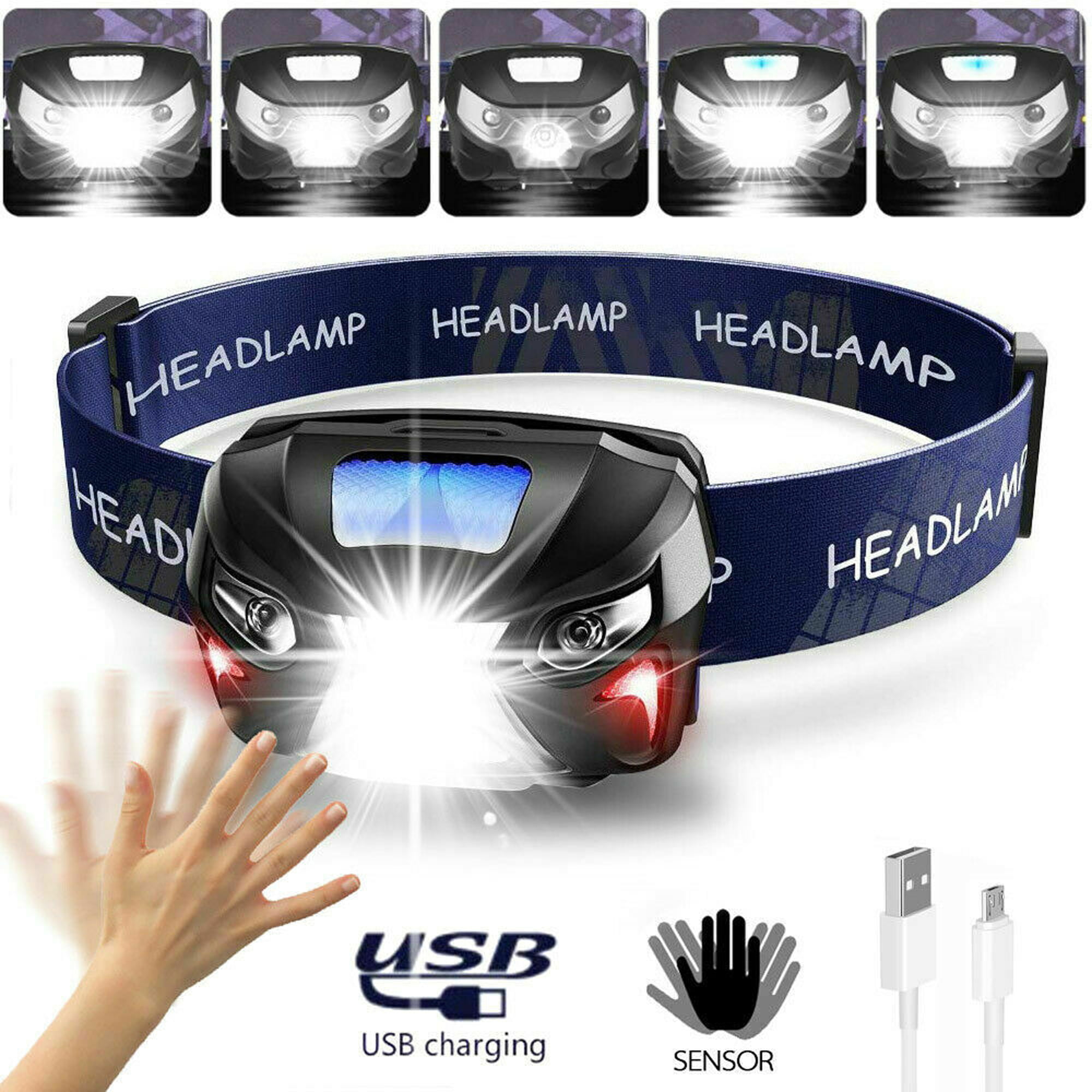 Super Bright Head Torch LED Light Waterproof USB Rechargeable Headlamps Fishing