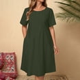 thumbnail image 2 of Sentmoon Flowy Dress Plus Size Short Sleeve Linen Womens Casual Summer Dresses Solid Color Loose Crew Neck Ruched Dresses for Women for Picnic & Weekend Outings Green L, 2 of 9