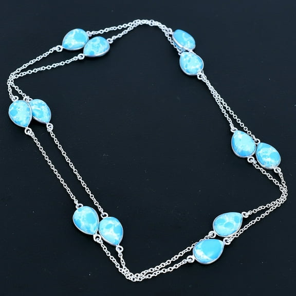 Larimar Pear Gemstone Handmade 925 Sterling Silver Jewelry Necklace 36" VJ 1030