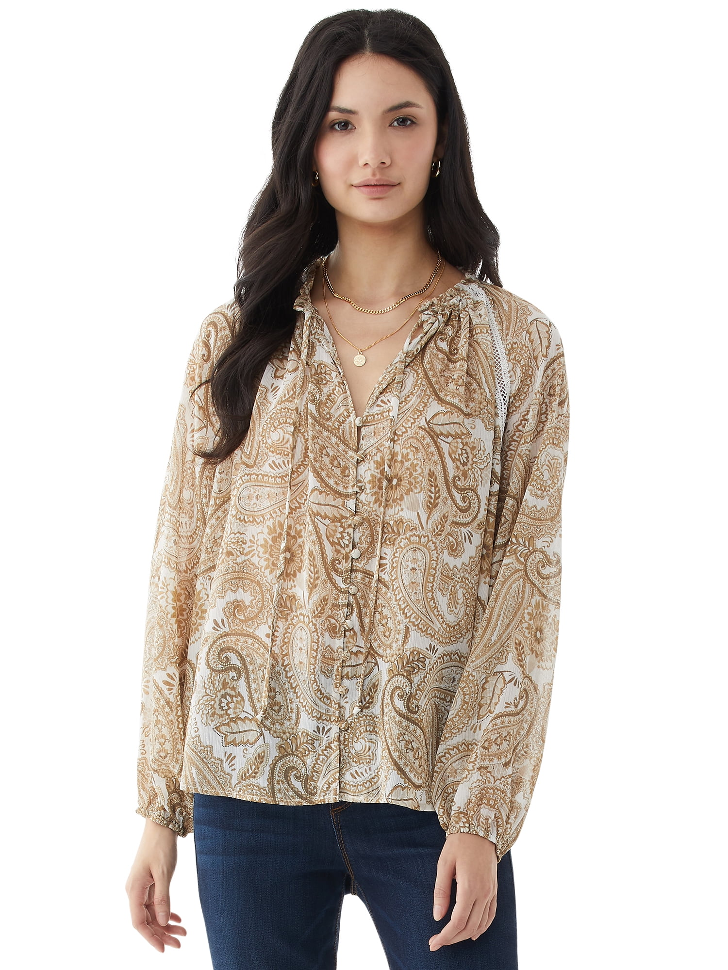 Scoop Scoop Women’s Lace Trim Blouse with Long Sleeves