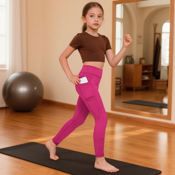 EGNMCR Full Length Pants Girls' High Waisted Yoga Leggings Soft Breathable Kids' Pants With Pockets Girl Pants