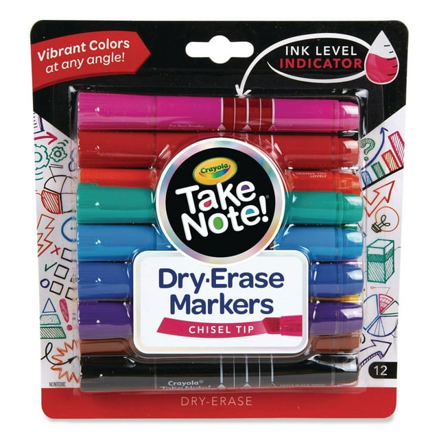 Crayola Take Note Dry-Erase Markers, Broad, Chisel Tip, Assorted, 12/Pack