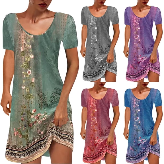 Azrian Womens Plus Size Dresses Fashion Round-Neck Short Sleeved Printed Pullover Dress
