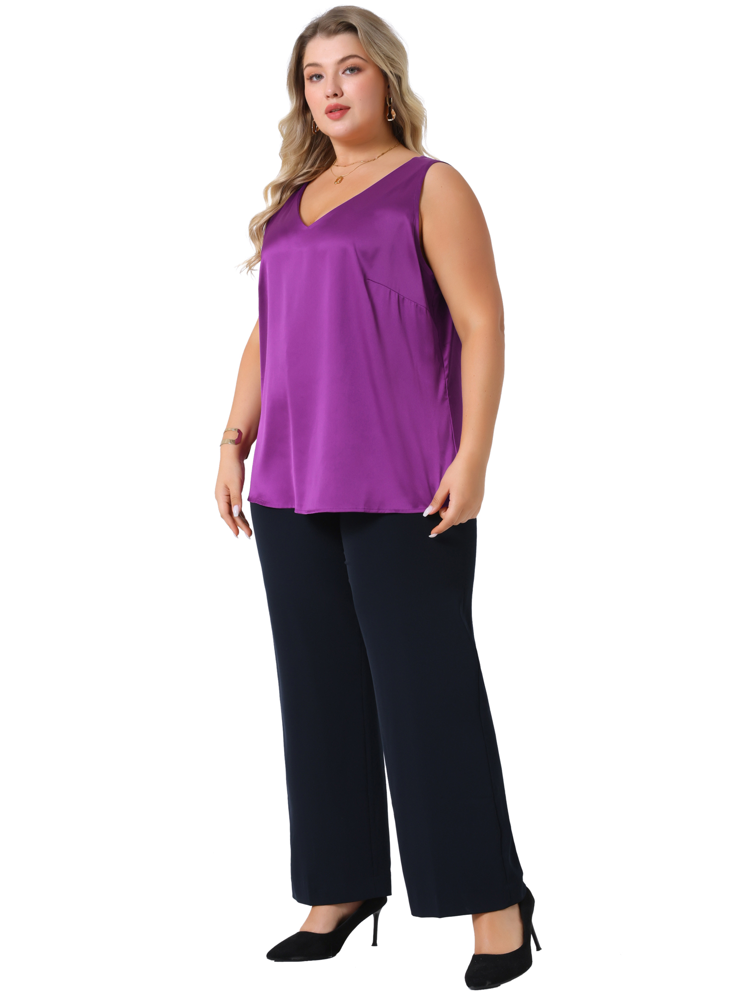 DARING DIVA Women's Plus Casual Silk Satin Tank Top V Neck Cami Blouse 1X Purple