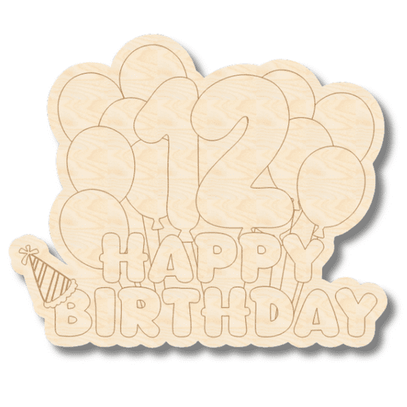 Unfinished Wood Etched 12th Birthday Balloons Shape 30" / 1/4"