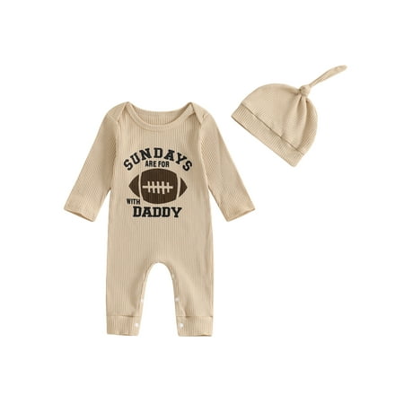 

Bmnmsl Boy Ribbed Romper Rugby Letter Print Long Sleeve Jumpsuit with Hat