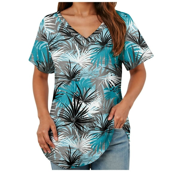 TOWMUS Womens T-Shirts V Neck Short Sleeve Summer Tops Women Casual Print Shirts for Women