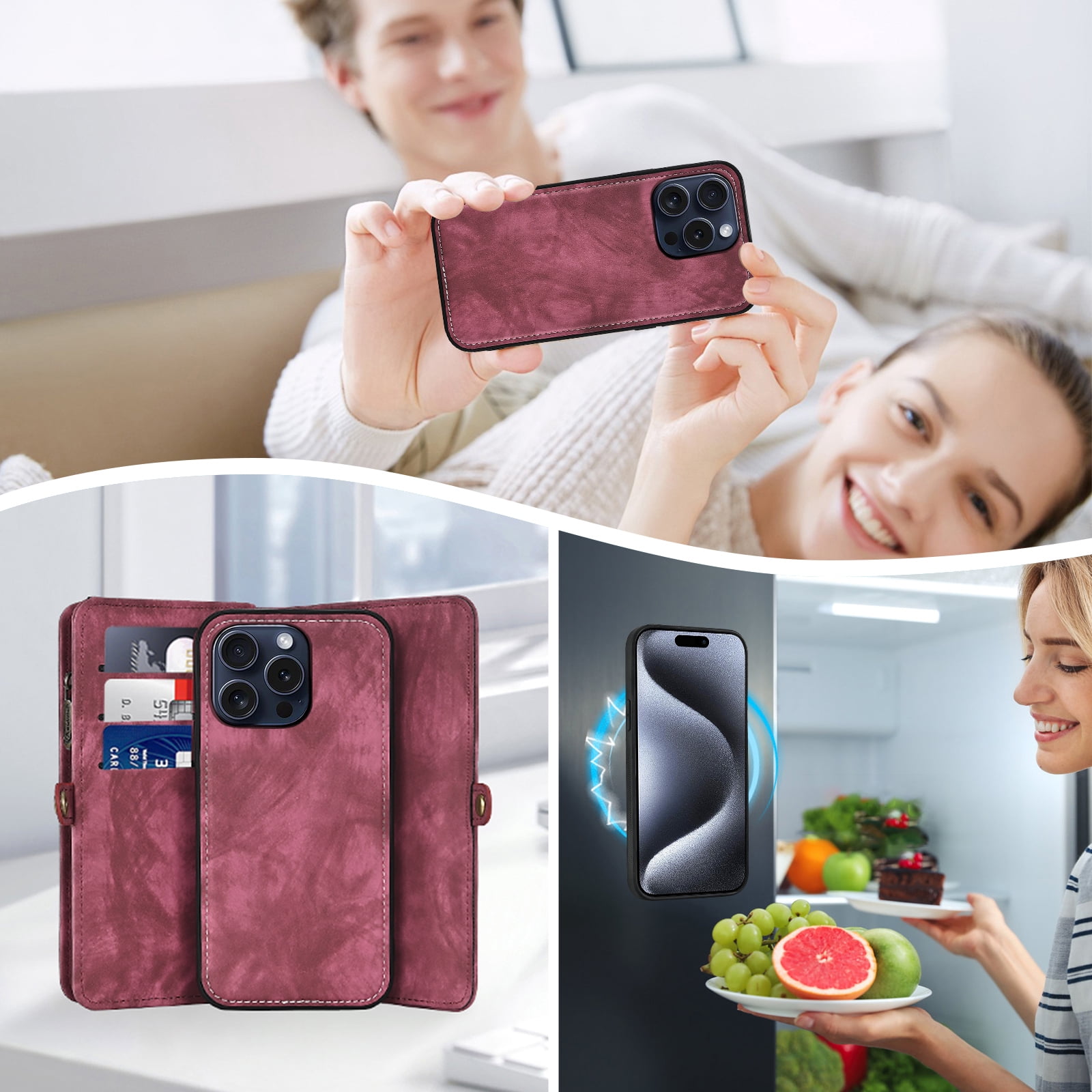 Asuwish Compatible with iPhone 16 Pro 6.3 inch Phone Case Zipper Wallet Detachable Tempered Glass Screen Protector Crossbody Strap Flip Card Holder Cell Cover for i Phone16 i16 16Pro Women Girls Red