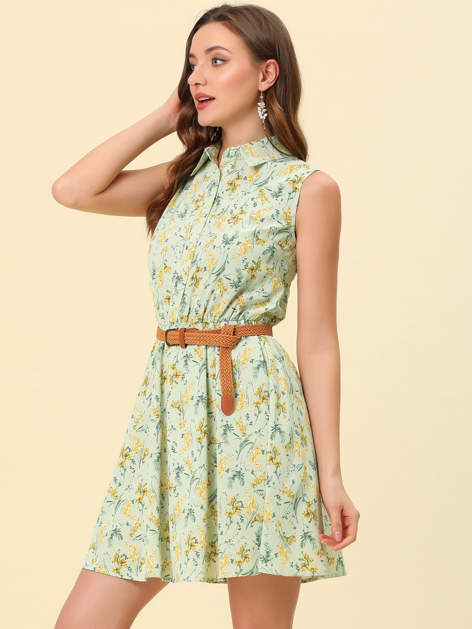 DARING DIVA Unlined Sleeveless Mini Belted Dress S Light Green-Yellow Floral