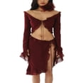 thumbnail image 1 of Ensemble de 2 Pcs Aguichant pour Femmes à Manches Longues en Maille Transparente avec Robe Cache-Cœur, Crop Top, Jupe Mini Fendue Y2K Rouge P, 1 of 7