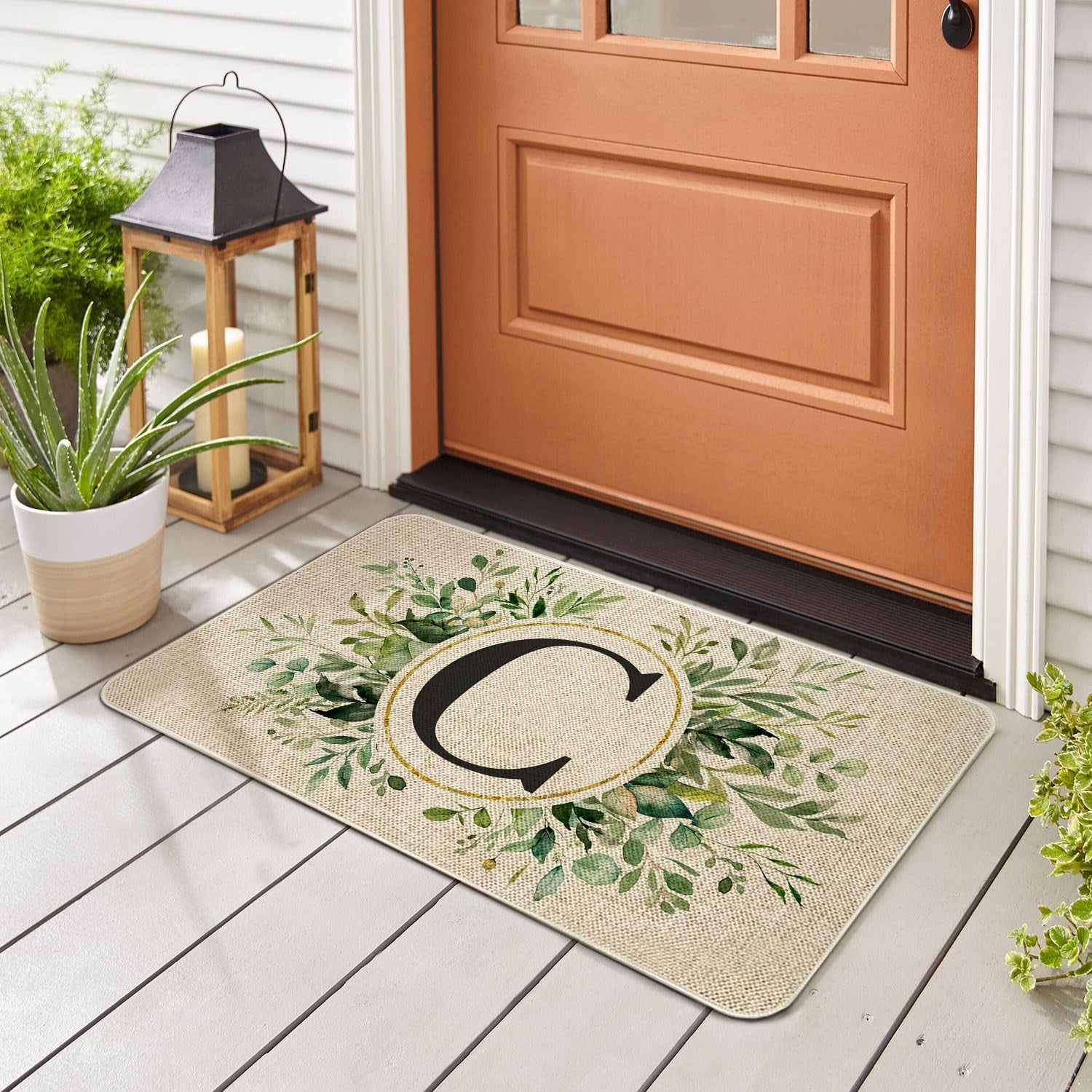 Spring Eucalyptus Leaves Monogram Letter C Door Mat 30 X 17 Inch Family Last Name Initial Welcome Doormat Indoor Outdoor Entrance Floor Rug Non Slip Spring Summer Decor Rubber Mats