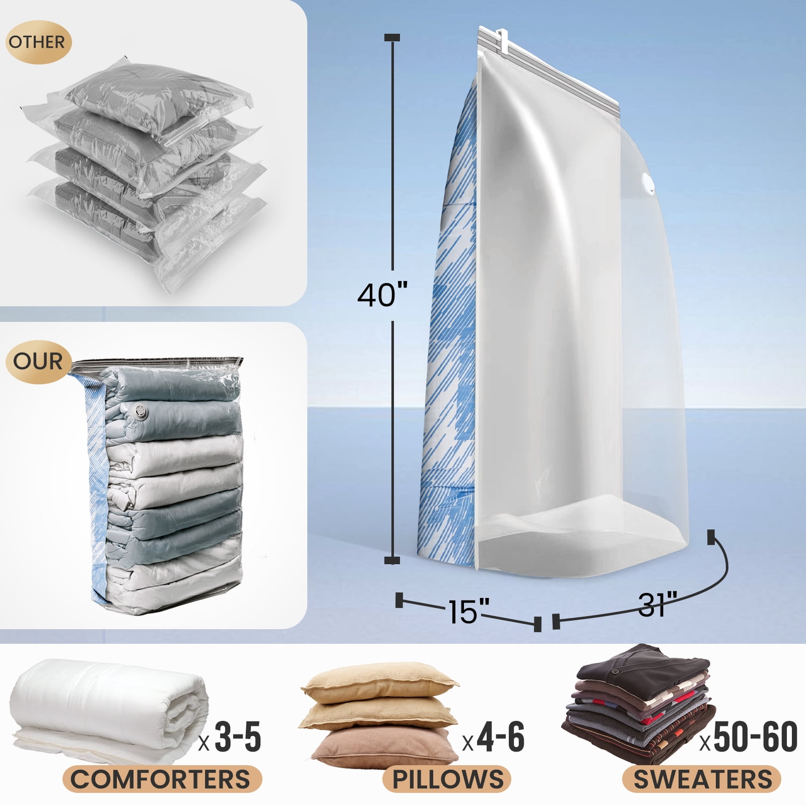 TAILI 6 Pack Vacuum Storage Bags Jumbo Cube (31x40x15 Inch)for Clothes, Comforters, Blankets, Bedding, Sweaters, Closet Storage Blue Coastline