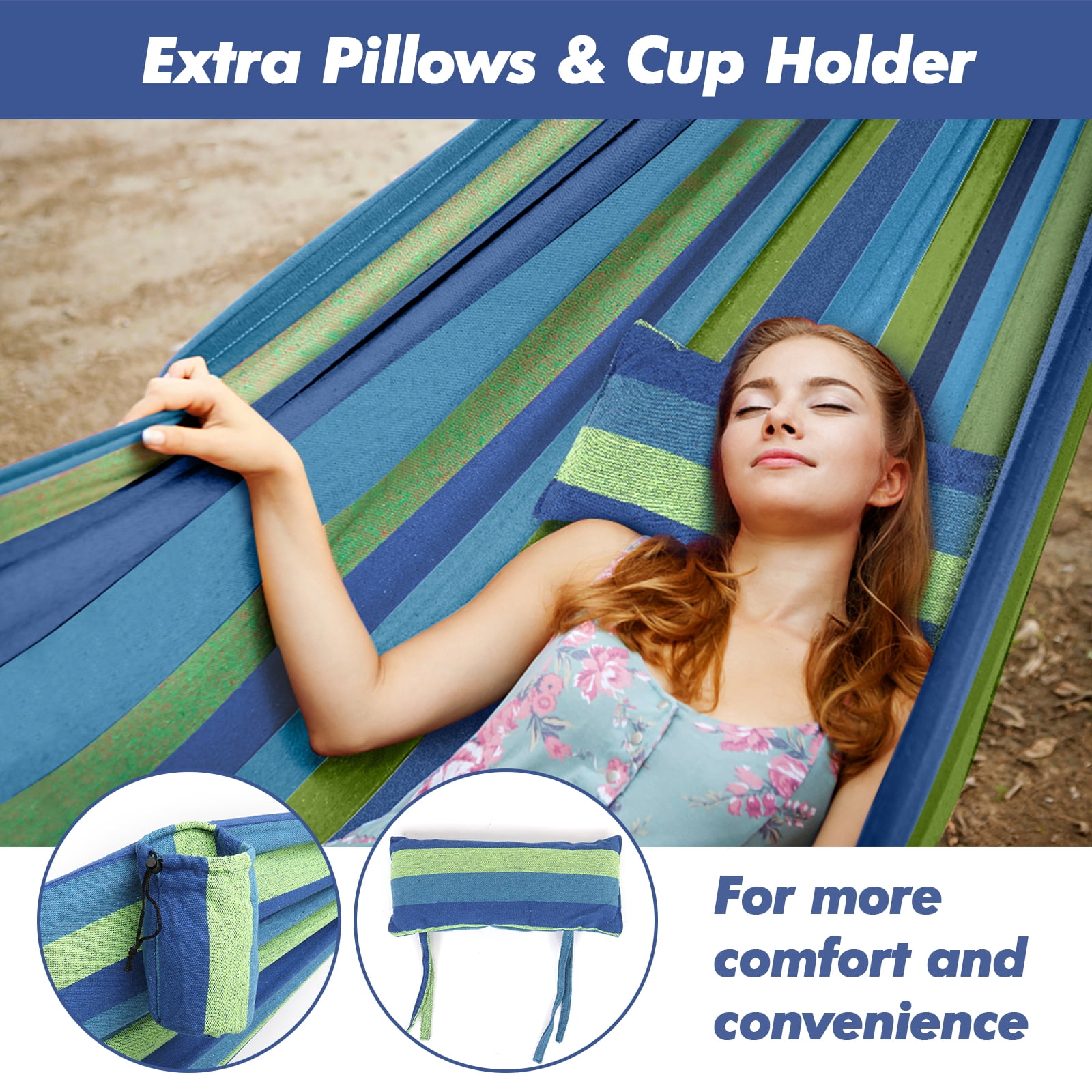 Ktaxon 9ft 200*150cm Polyester Cotton Hammock Hammock Set Blue Strip