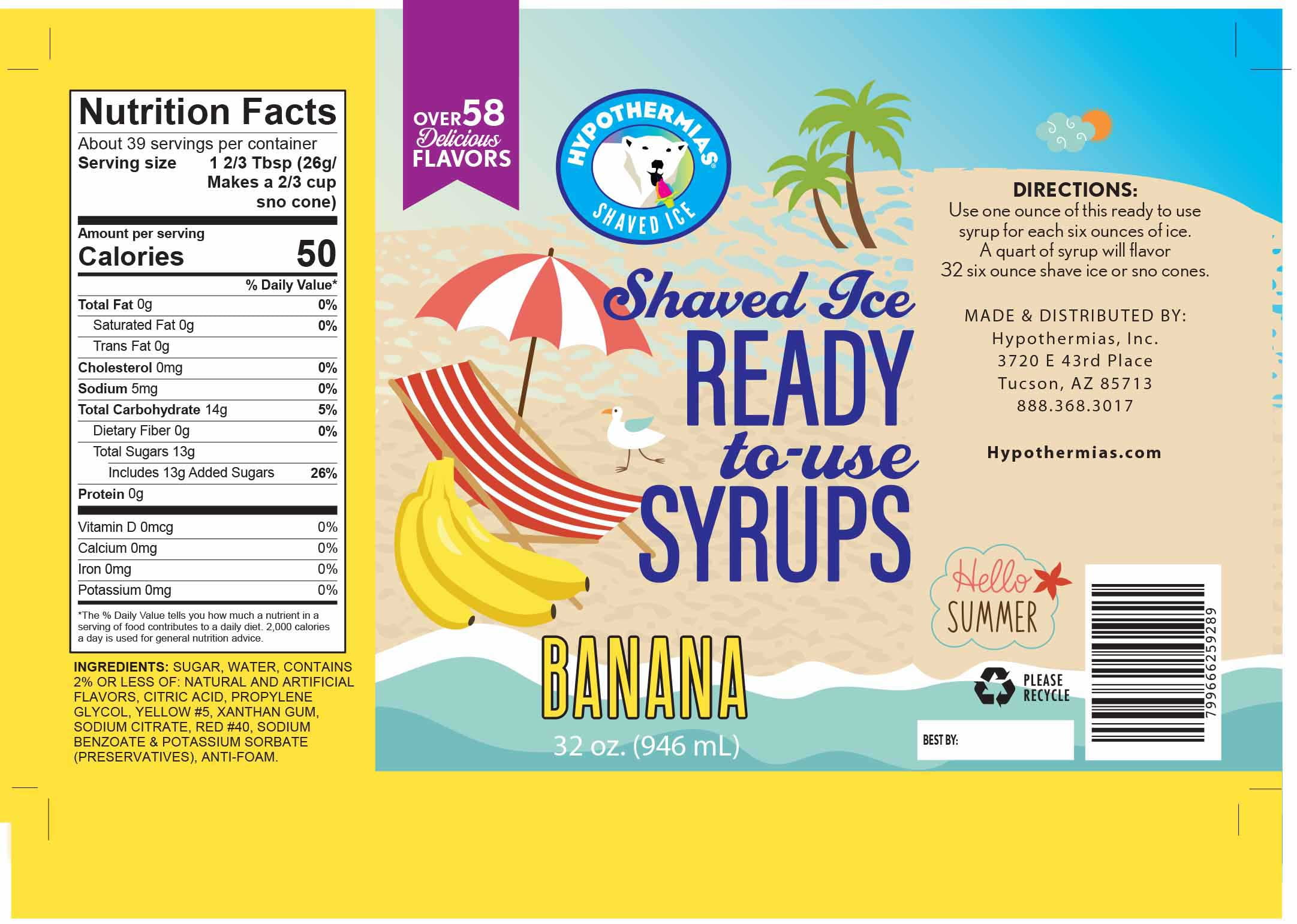 Banana Ready to Use Hawaiian Shaved Ice or Snow Cone Syrup Quart 32 Fl. Oz