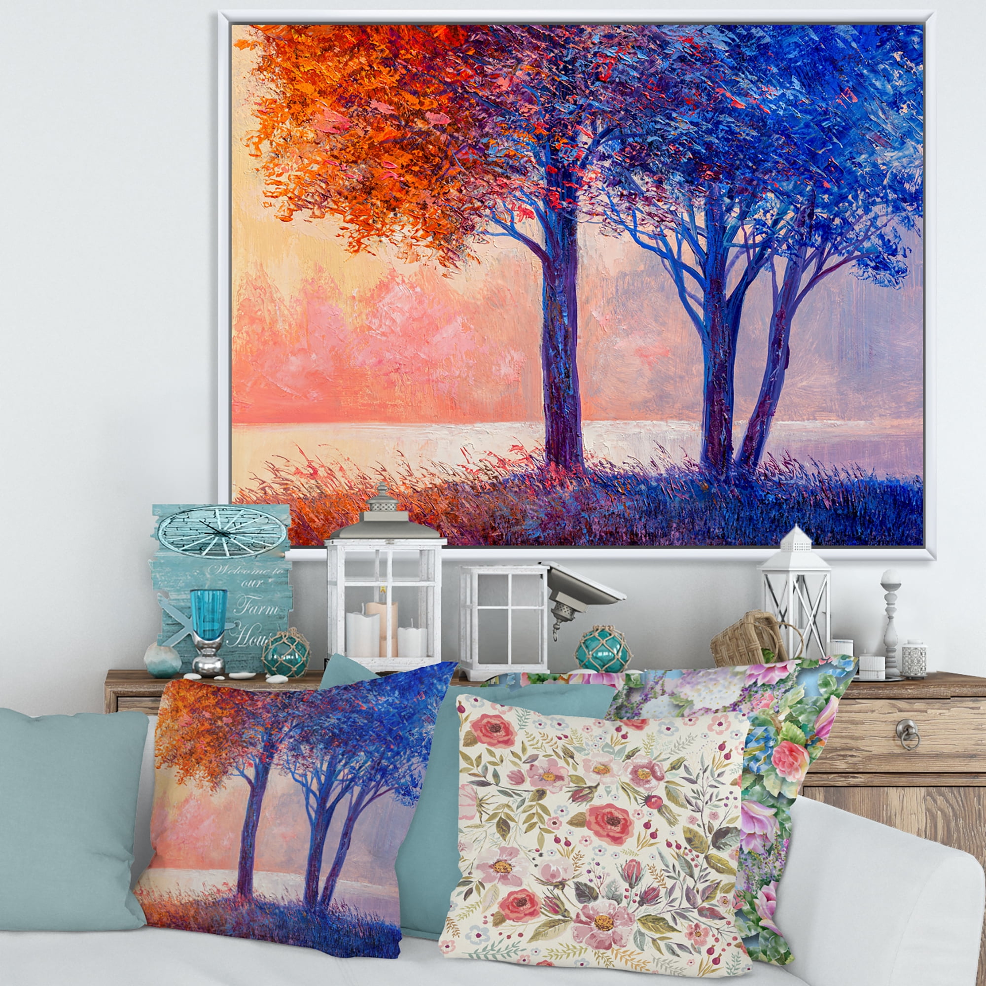 Designart 'Colorful Autumn Forest Trees Along Beautiful River' Lake House Framed Canvas Wall Art Print