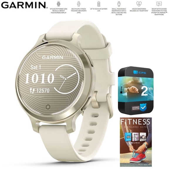 Garmin 010-02891-00 Lily 2 Active Smartwatch Lunar Gold with Bone Silicone Band Bundle with Tech Smart USA Fitness & Wellness Suite and 2 Year Extended Warranty