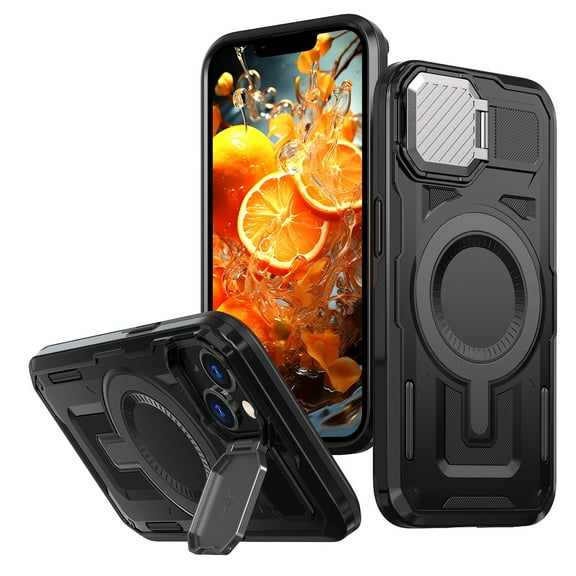 ELEHOLD Magnetic Case for iPhone 15 Pro, Military Grade Shockproof Rugged Case Built-in Metal Camera Cover with Stand,Black