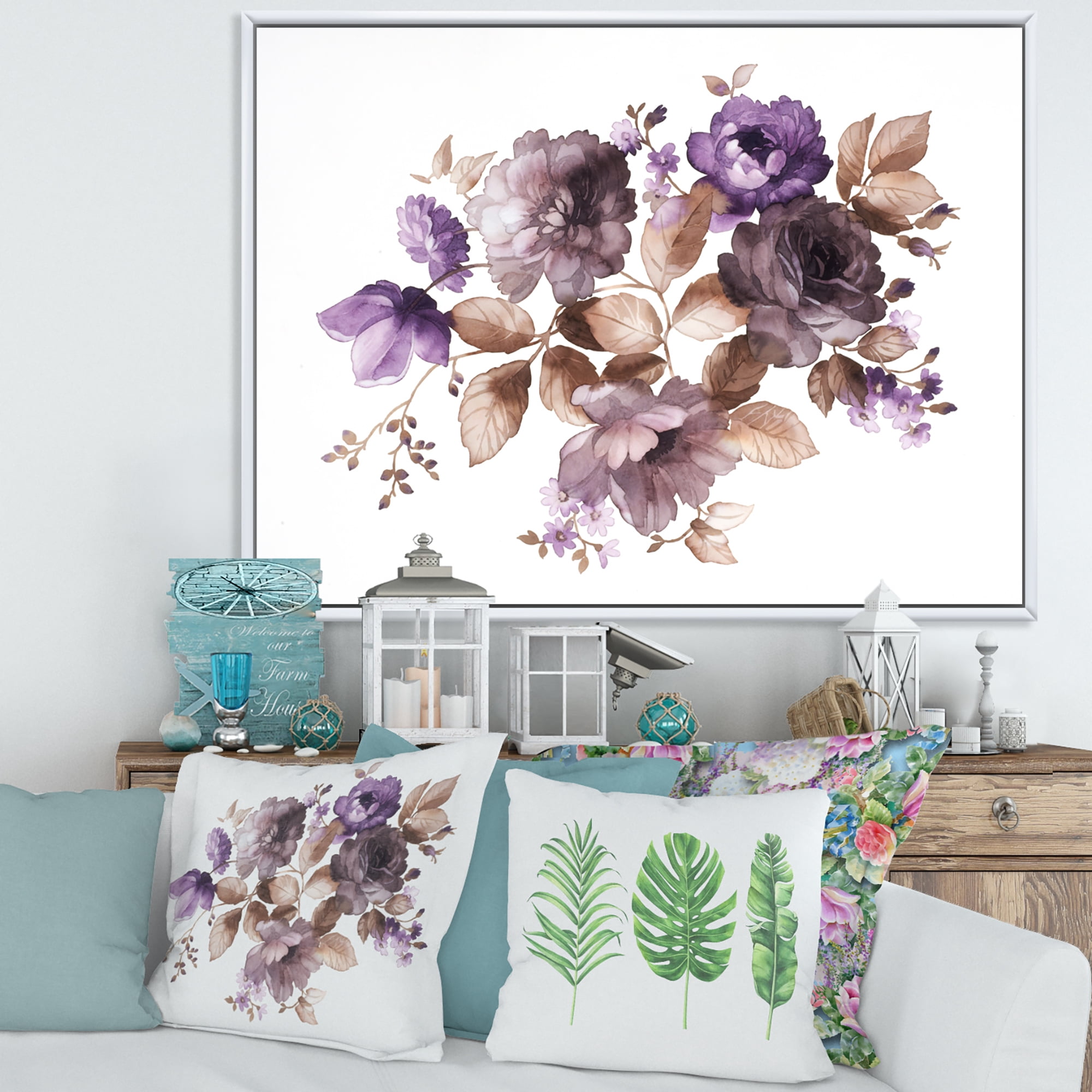 Designart 'Purple Retro Flowers With Brown Leaves On White' Traditional Framed Canvas Wall Art Print