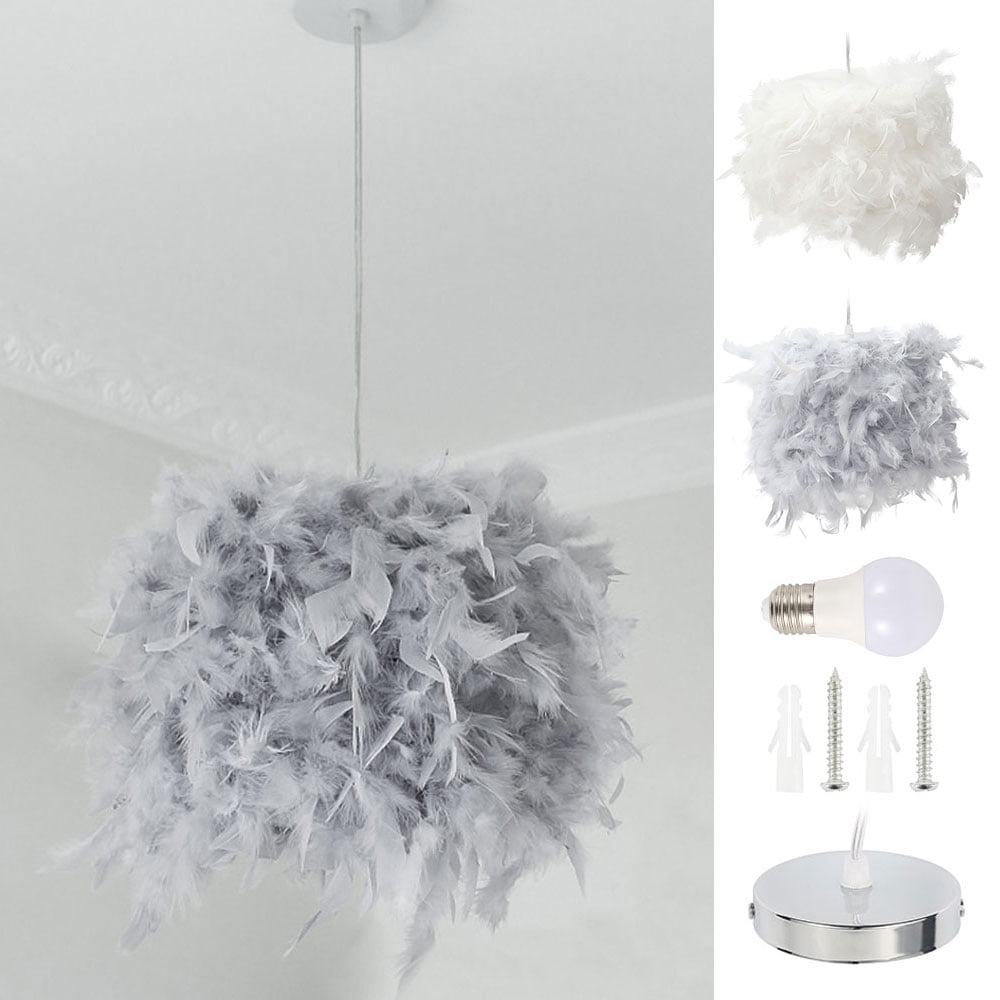 Feathers Chandelier Lampshade with 3 Colors Dimmable Lighting Bulb for Bedroom Living Room Wedding and Party Decoration JUNKAI Feather Ceiling Pendant Light Shade Fluffy Lamp Shade