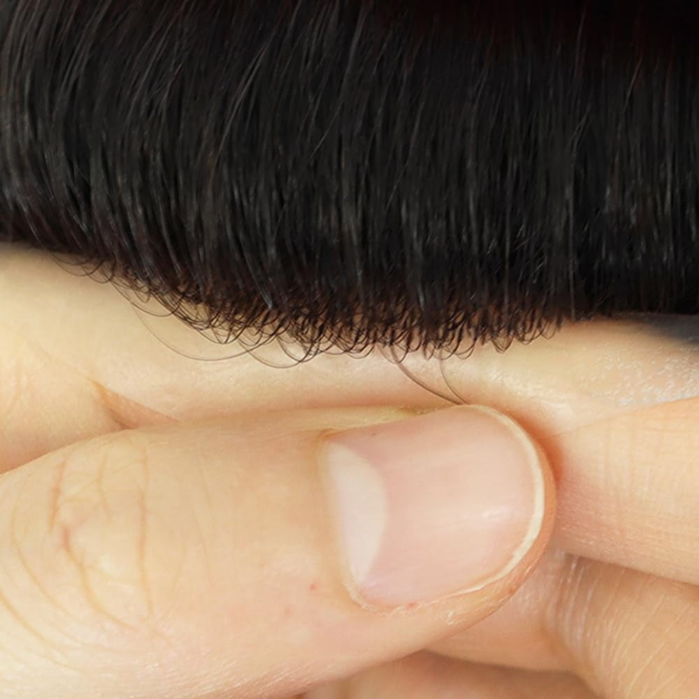 Fine Mono with 1" Poly Coating in Perimeter Men Toupee Hair Replacement Natural Looking Wig Hairpiece for Men 100% Human Hair System for Men