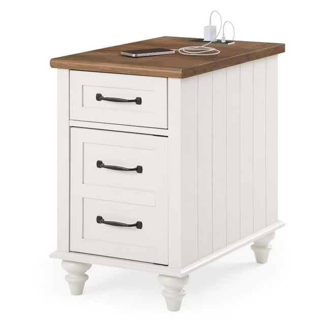 Wampat End Table with Charging Station, Side Table with Storage Drawer and Cabinet,2 Power outlets & 2 USB Ports for Living Room, Oak White