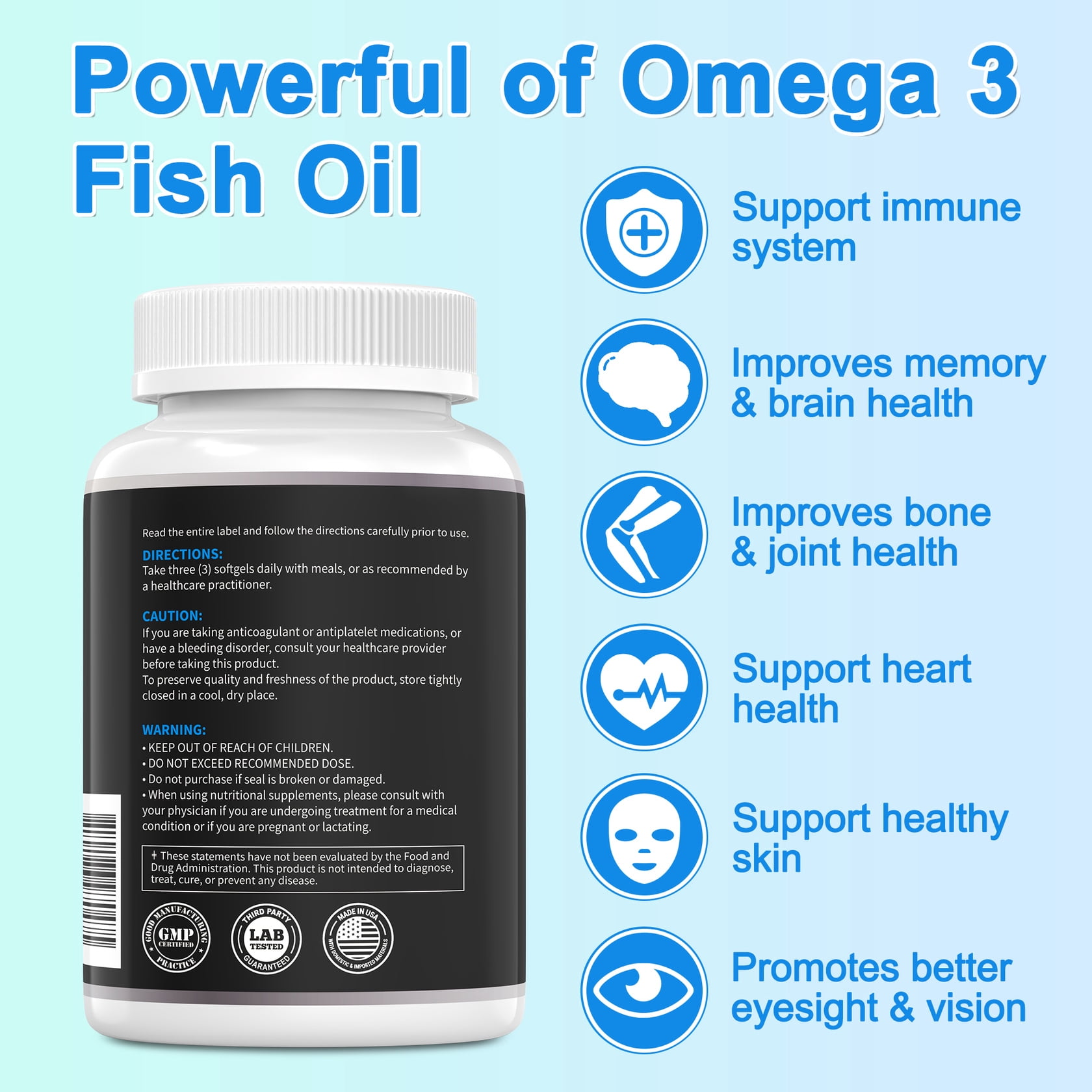 3 Pack Omega 3 Fish Oil Supplements 3000mg,Extra Strength Burp Less Fish Oil,540 Softgels