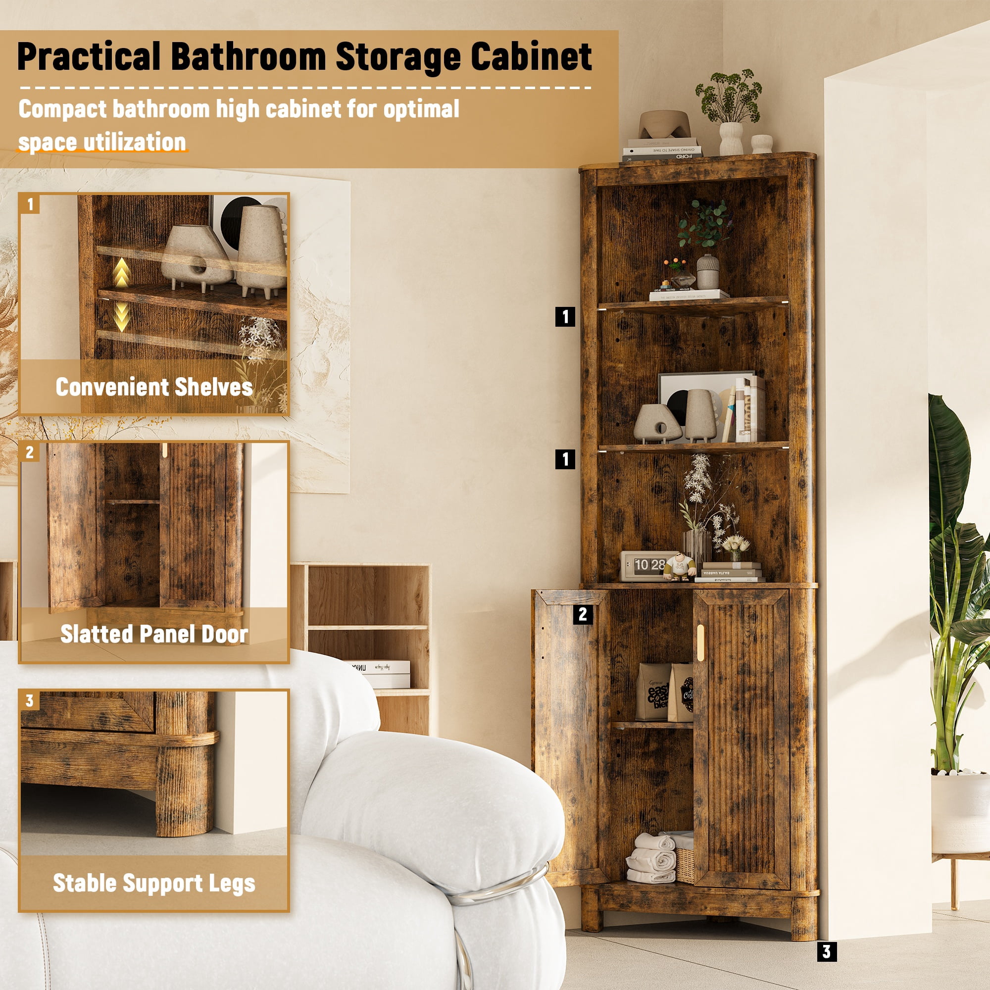 68" Tall Fluted Corner Cabinet for Bathroom, Modern Living Room & Kitchen - 5 Adjustable Shelves, Space-Saving Retro Storage, Curved Profile Design