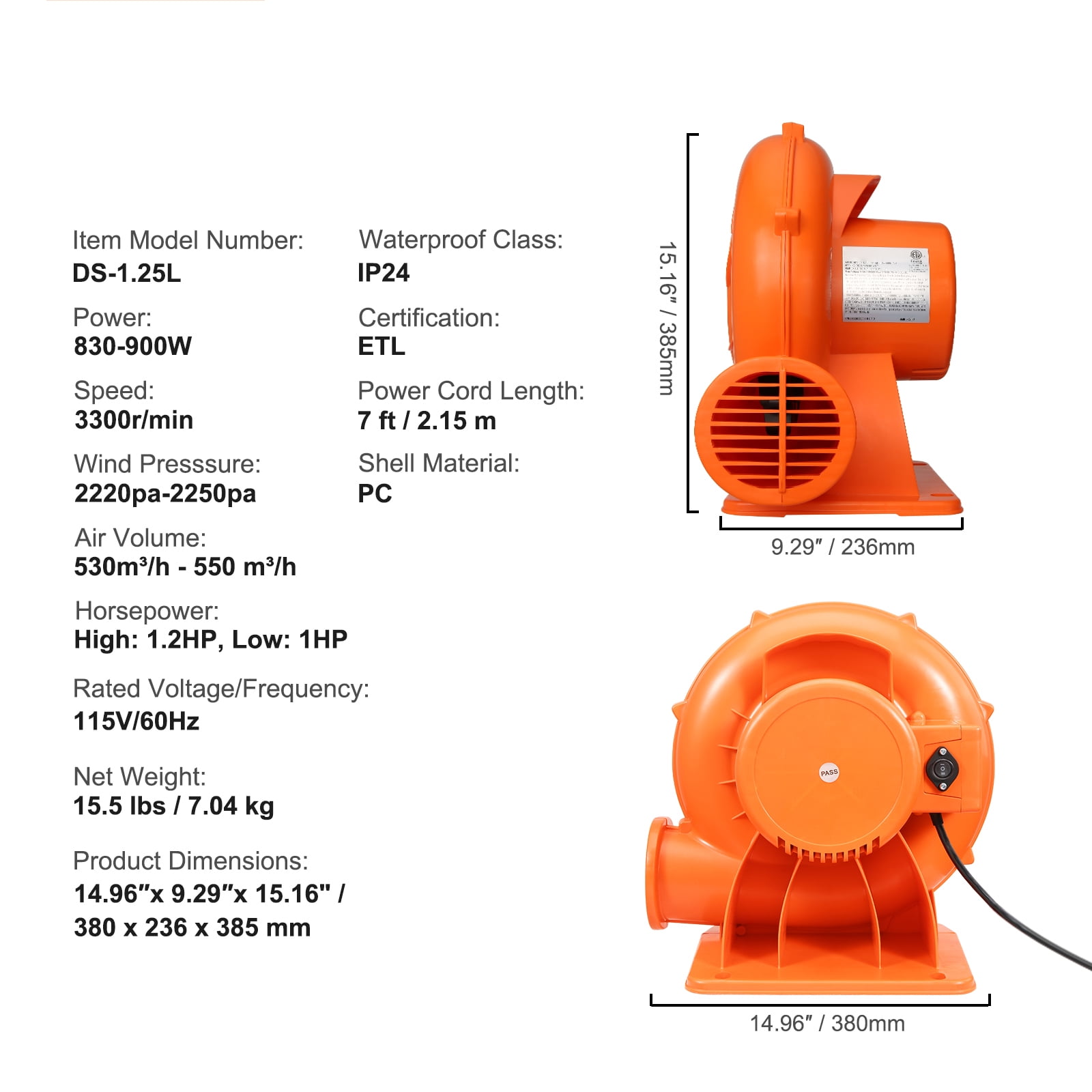 SKYSHALO Air Blower Pump Fan 900W 1 & 1.2 HP, Shock-resistant PC Commercial Air Blower for Inflatable Bounce House Bouncy Castle