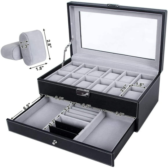 Readaeer Boîte de Montre en Cuir Noir Vitrine de Bijoux avec Tiroir, Boîte à Bijoux pour Hommes et Femmes (12 Fentes avec 2 Couches)
