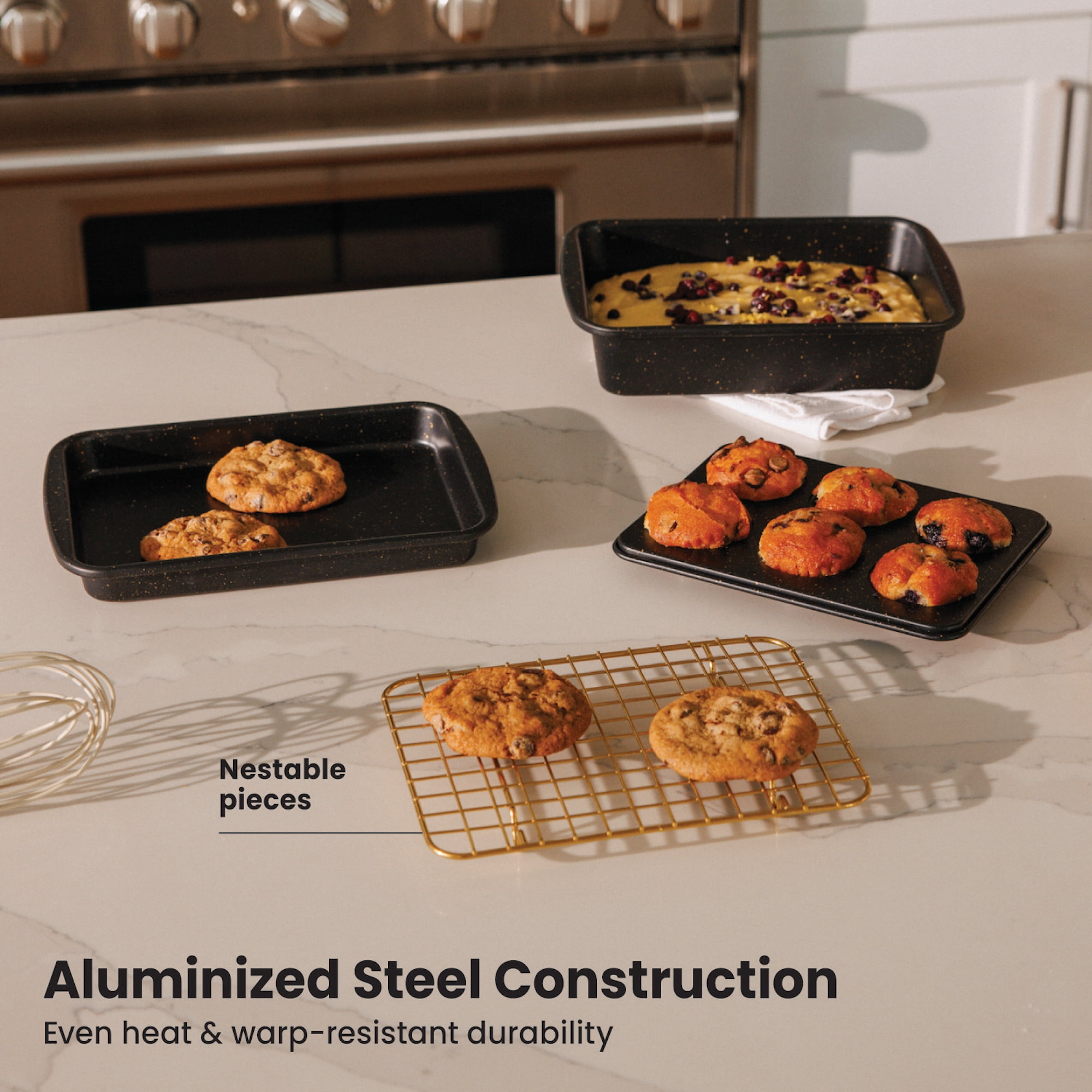 Thyme & Table 4-Piece Stackable Non-Stick Toaster Oven Bakeware Set, Black & Gold
