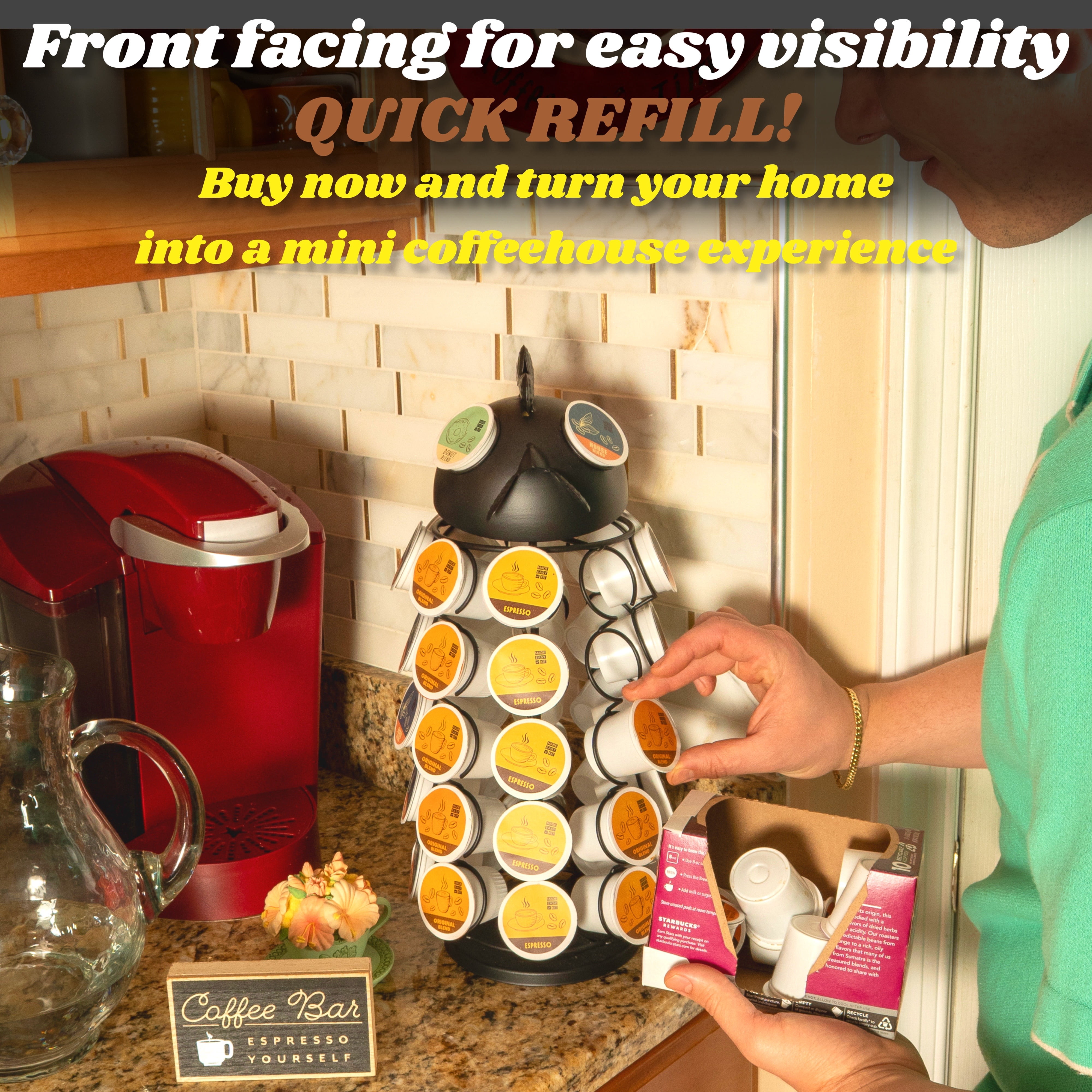 Made Easy Kit Carousel Coffee Pod Holder, Compatible with Keurig K-Pods K-Cups, Countertop Rack Storage Organizer, Metal Home and Kitchen Decor, Capsule Café Station Bar