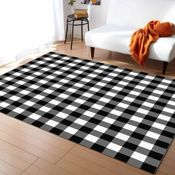Area Rugs Indoor Non-Slip Rectangle Rug 2.7x5 Ft Black White Retro Plaid Pastoral Plaid Vintage Style Rug Rubber Backing Floor Mats Non Shedding Home Decor Carpet for Entryway Living Room