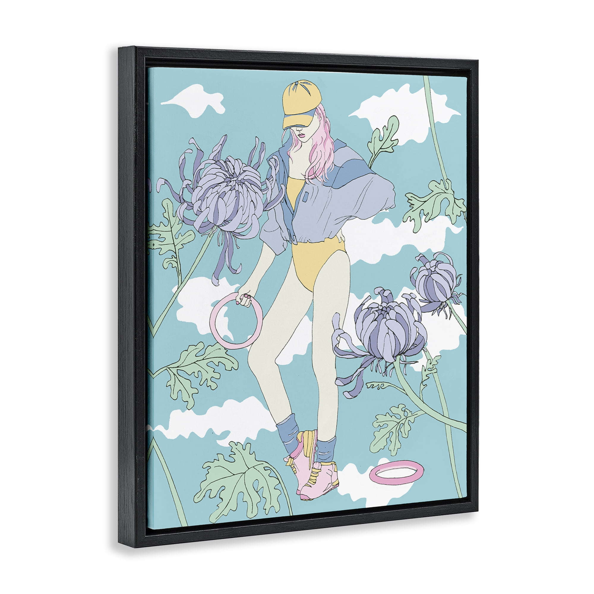 Stupell Industries Exercise Girl with Clouds People Painting Black Floater Framed Canvas Art Print Wall Art, 25 x 31