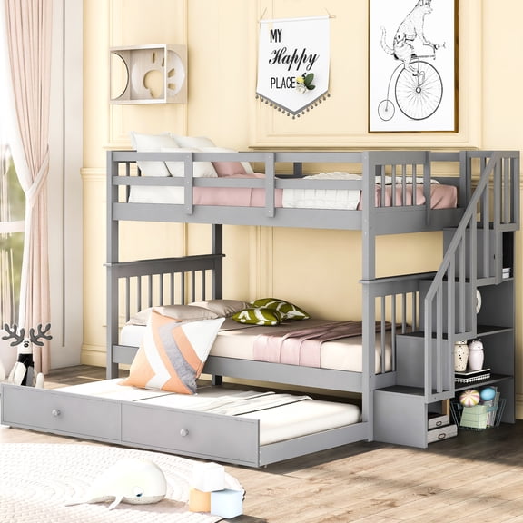 Stairway Twintwin Bunk Bed With Gray Trundle And Storage - Functional Space Design