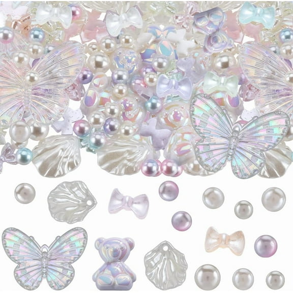 350Pcs Resin Charms Flatback Beads Charms 3D Plastic Pearl Beads Flower Petal Charms Bowknot Butterfly Cabochon Charm Bear Flatbacks for Jewelry Making Kits Scrapbooking Embellishment Mixed Color
