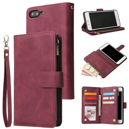 iPhone 8 Plus Wallet Case, iPhone 7 Plus Case, Dteck Soft Leather Zipper Wallet Case Magnetic Buckle Horizontal Flip Cover with 5 Card Slots/Photo Pocks For iPhone 8 Plus/7 Plus 5.5", Winered