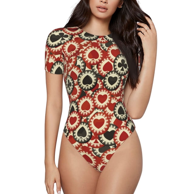 Saiise Motif Jetons de Poker Combinaison à Manches Courtes pour Femmes Col Rond Pyjama Justaucorps Extensible avec Fermeture à Pression-TG