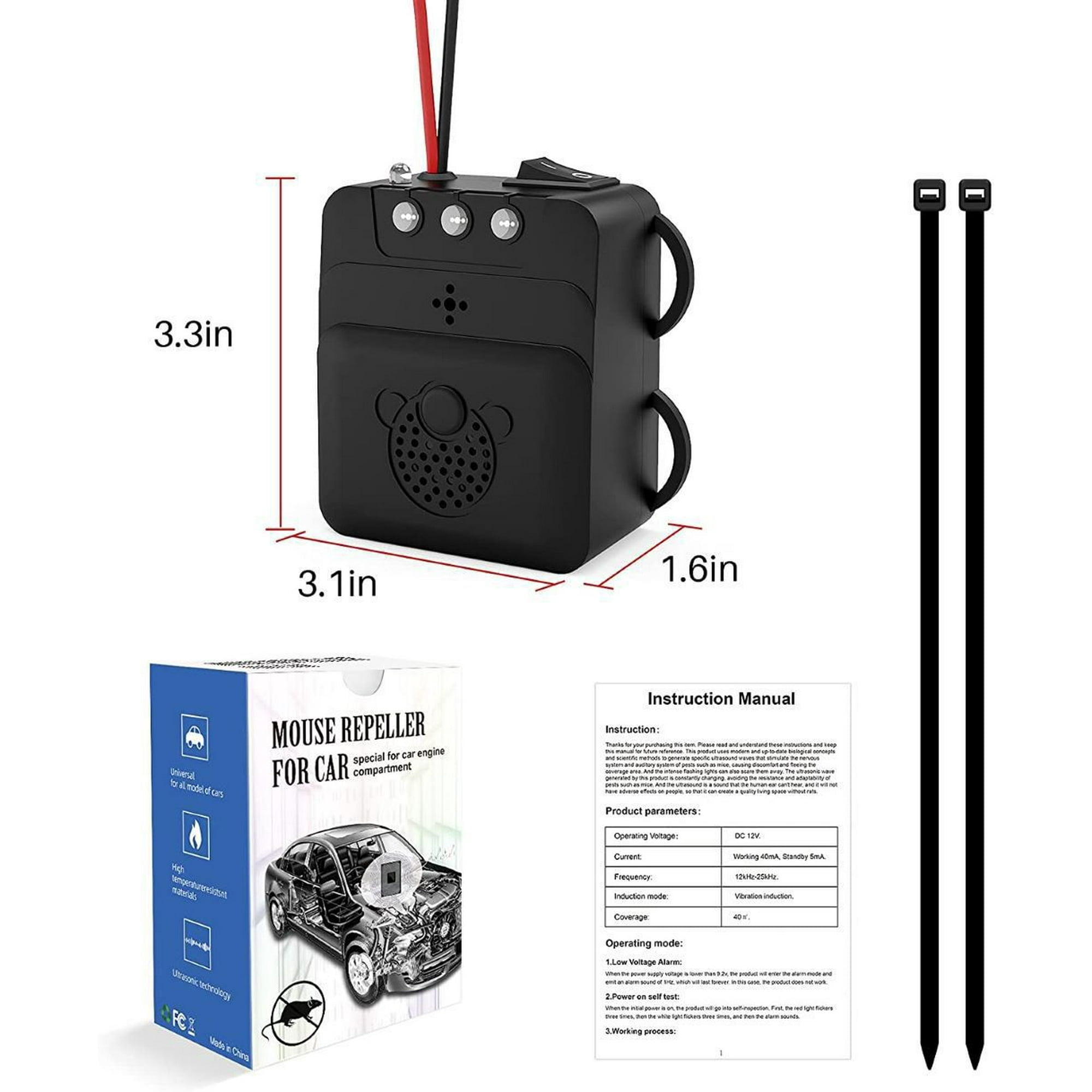 G · PEH Car Ultrasonic Rodent Repellent,  Under Hood Animal Repeller with Strobe Light, Professional Ultrasonic Mouse Repellen