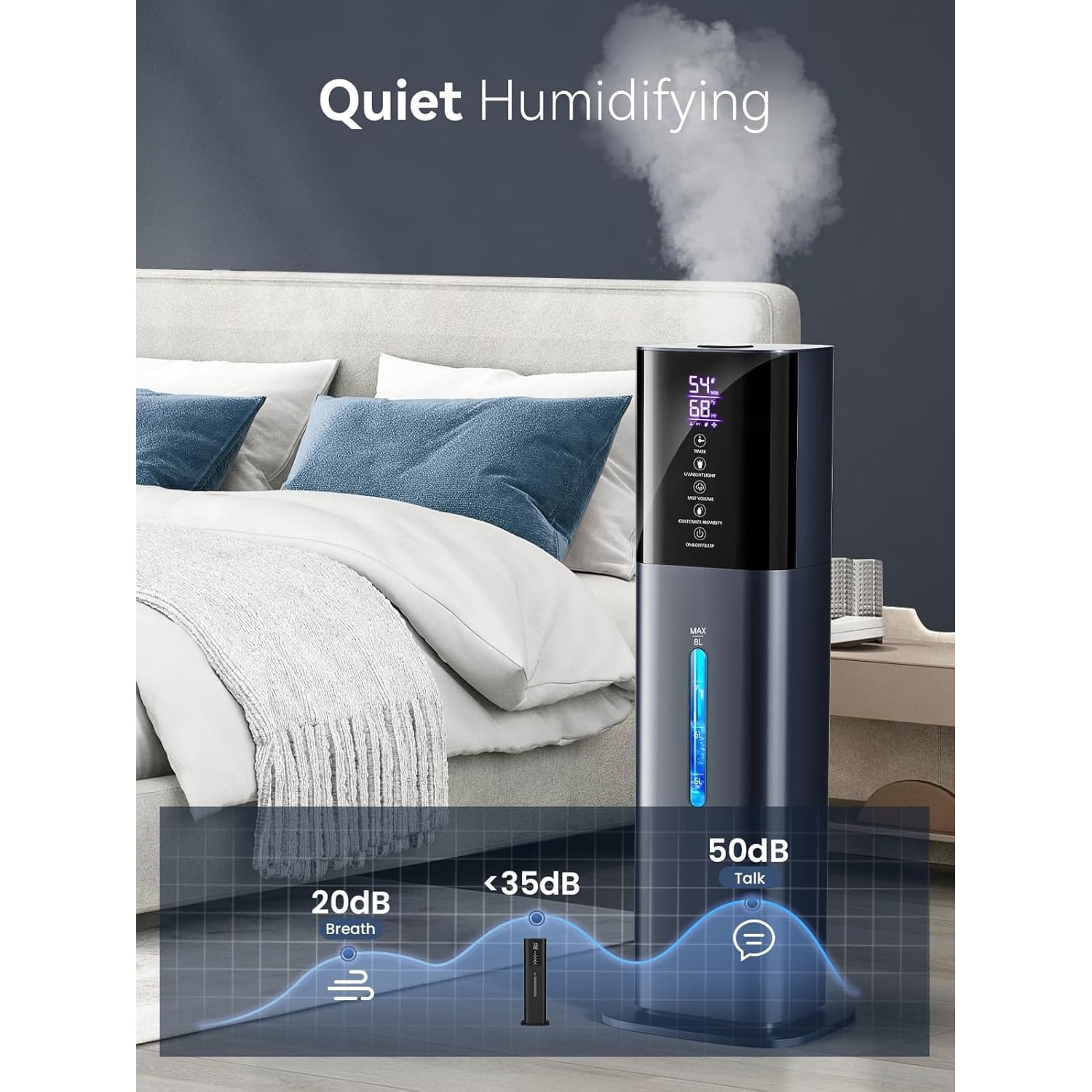 Humidifiers for Bedroom, 2.11Gal 8L Quiet Humidifiers for Large Room with Timer, 360°Nozzle, 3 Speed Ultrasonic Cool Mist Humidifier with Humidistat for Baby, Customize humidity for Home Adults Plant
