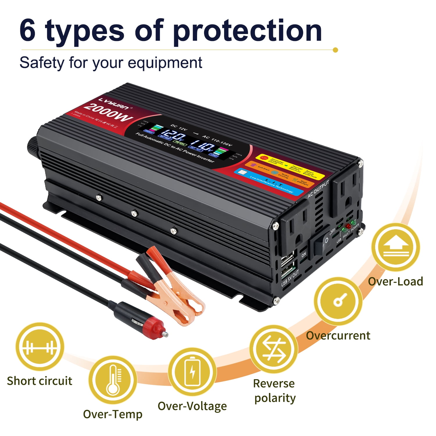 LVYUAN 1000W 2000W Modified Sine Wave Peak Power Inverter, 12V DC to 110V AC Car Inverter with Dual USB & AC Outlets, LCD Display, Black for RV, Truck, Camping, Travel (Inversor de Energía para Auto)