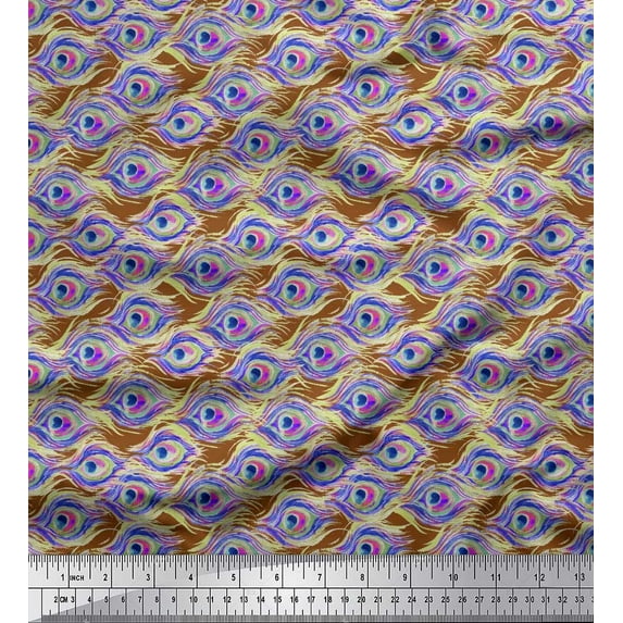 Soimoi polyester Crepe Fabric Peacock Feather Fabric Prints By Yard 42 Inch Wide