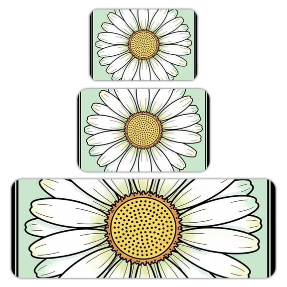RKSupls Kitchen Rug Set 3 Piece Anti-Slip Flannel Floor Mats, Daisy Bloom Washable Absorbent Runner Mats for Kitchen Bathroom Home Decor
