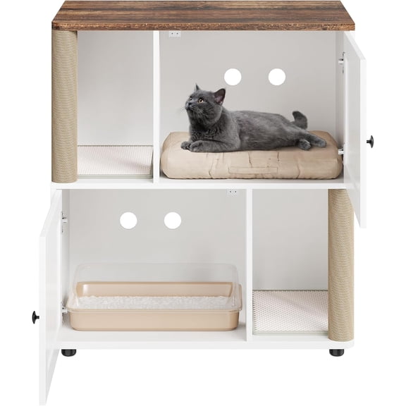 Historyli Double Layer Cat Litter Box Enclosure-for 2 Cats-Hidden Litter Box Furniture with Cat Scratching Post and Board,Wooden Cats Washroom or Bed,Pet House End Table for Living Room-White