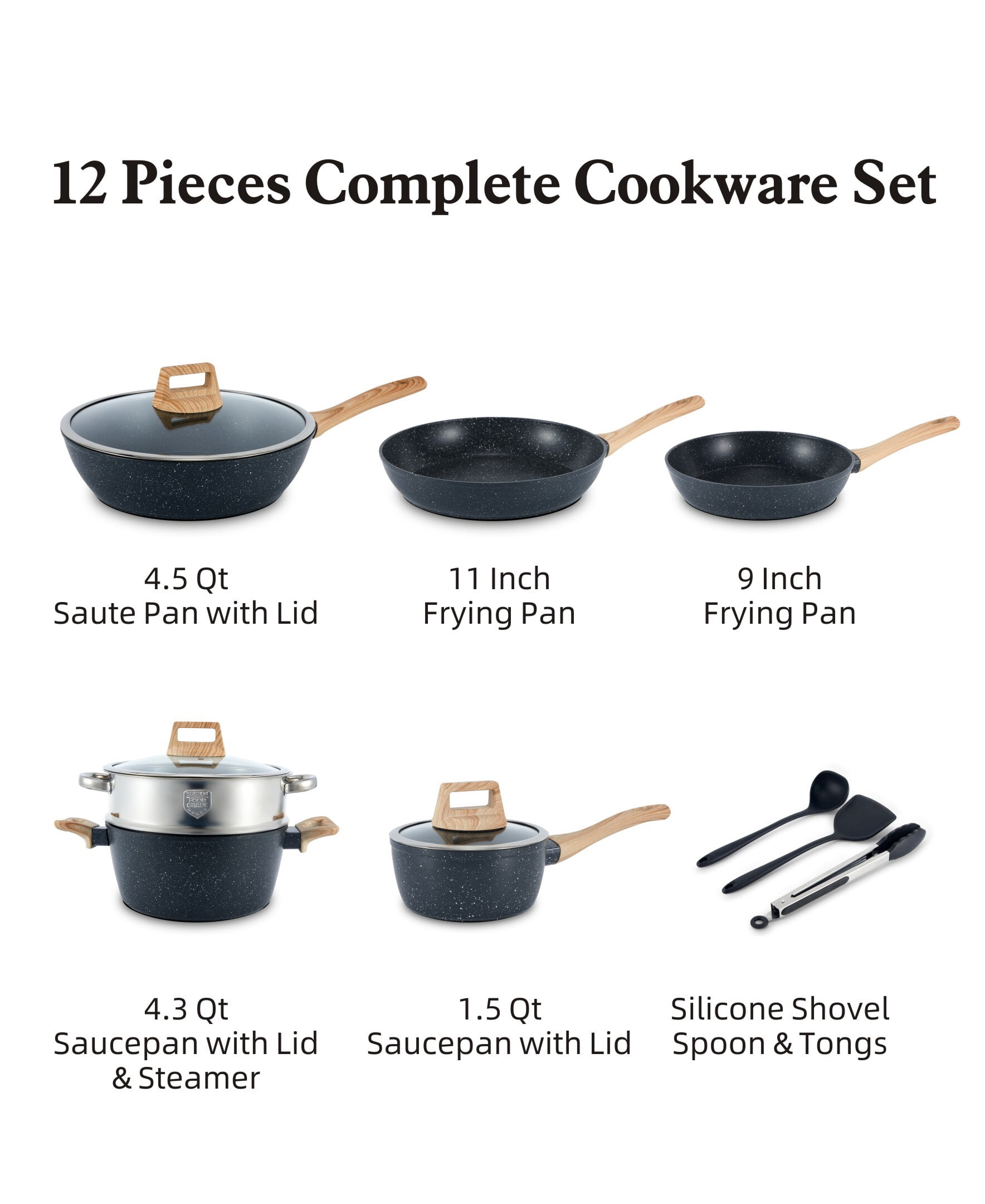 Fenbeli 12 Pcs Pots and Pans Set Nonstick,Ceramic Cookware Set with Pots Protectors and Cooking Utensils,Black
