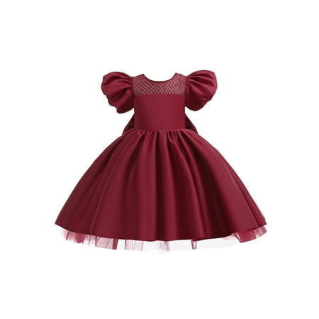 

One opening Kids Girls Cocktail Party Dress Elegant Mesh Patchwork Bowknot Short Sleeve Satin Gowns for Birthday Wedding