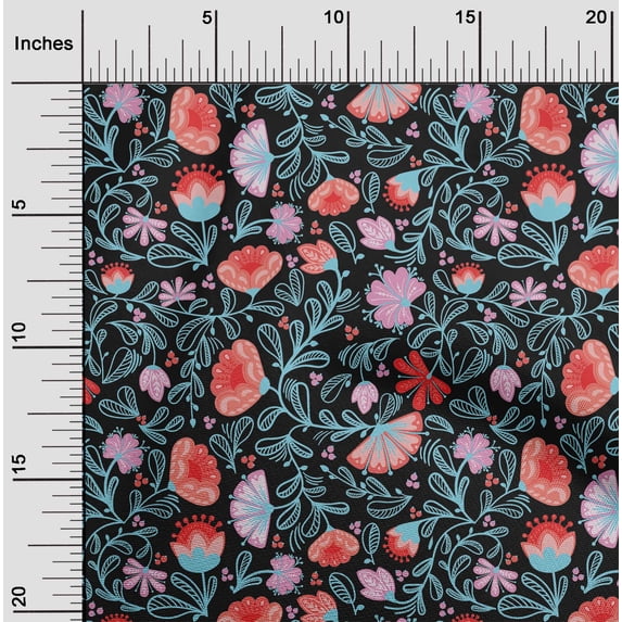 oneOone Cotton Cambric Black Fabric Leaves & Flower Floral Quilting Supplies Print Sewing Fabric By The Yard 42 Inch Wide