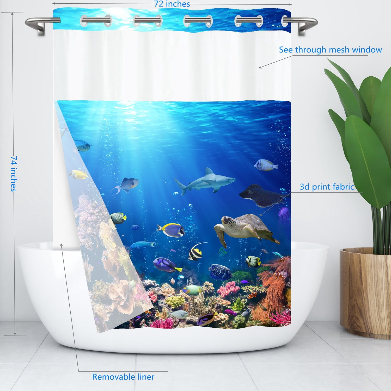 Goodbath No Hook Shower Curtain with Snap in Liner,Underwater Ocean World Sea Life Tropical Fish Turtle Coral Reef Fabric Shower Curtains, Double Layer, Mesh Top Window,71 x74 inches,Bright Blue