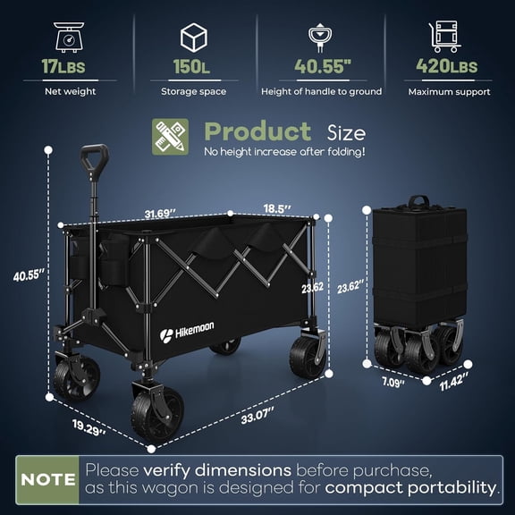 150L Collapsible Wagons Carts Foldable, 420LBS Heavy Duty Folding Beach Cart with Big All-Terrain Wheels, Portable Utility Wagon for Grocery, Shopping, Garden, Sports, Camping, Black