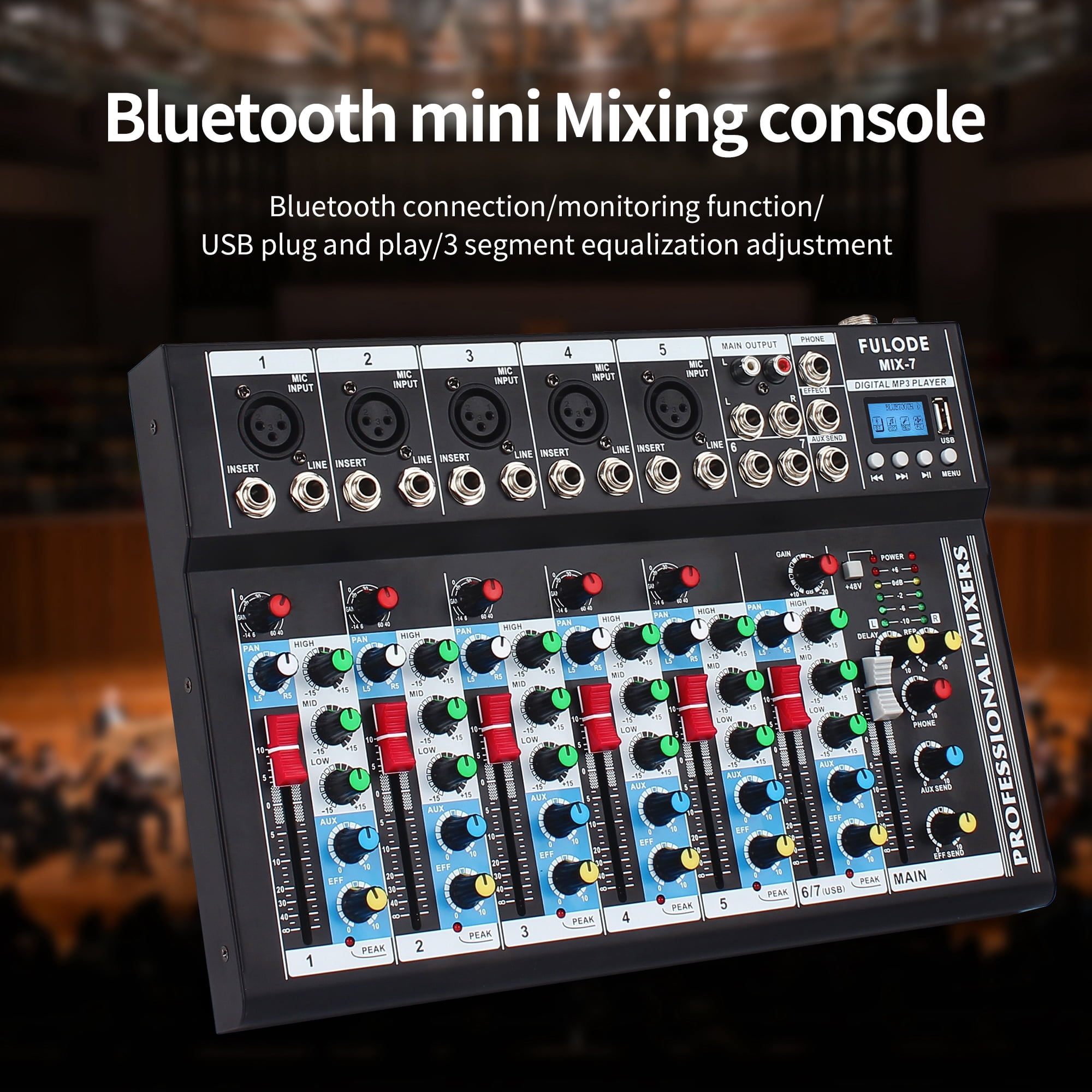 FULODE 7-Channel Audio Mixer USB Bluetooth MP3 Computer Input 48V Phantom Power DJ Controller Audio Mixing Console System